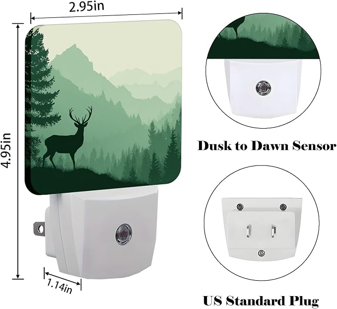Misty Mountains Forest Night Light,Silhouette Deer Plug Into Wall for Boys Girls Bedroom Decorative Square Night Light Lamp 0.5w Sleep Friendly