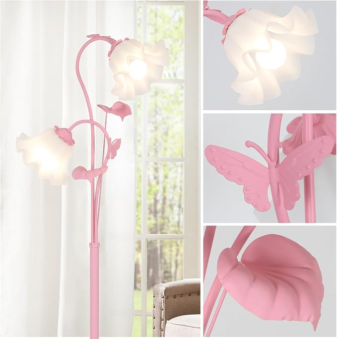HMVPL Pink Flower Floor Lamp, Floral Standing Lamp with 2 LED 5W Blubs, Foot Switch, Modern Corner Tall Lamp with Acrylic Shade, Girls Cute Floor Lamp for Living Room Bedroom Office Kids Reading