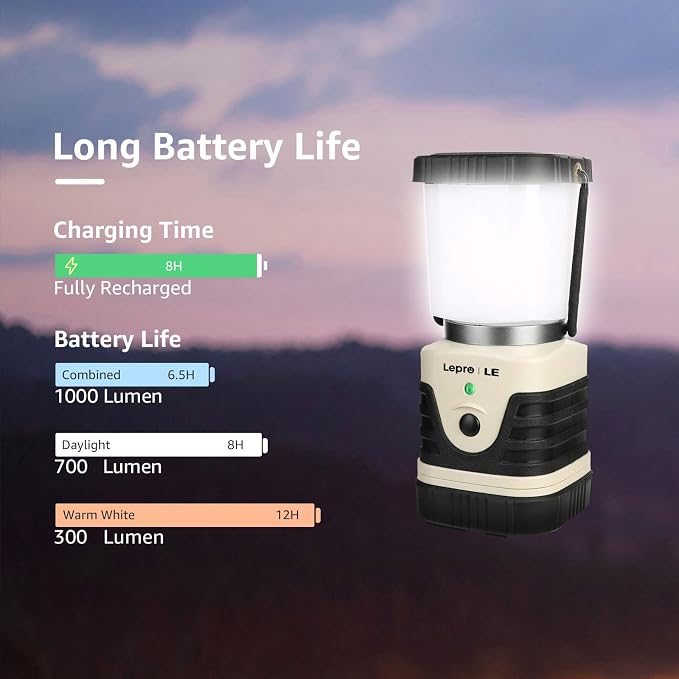 Lepro 1000LM LED Camping Lantern Rechargeable, 4400mAh White Tent Light with 4 Light Modes, Waterproof Lantern Flashlight for Hurricane Emergency, Camping Essentials, USB Cable Included