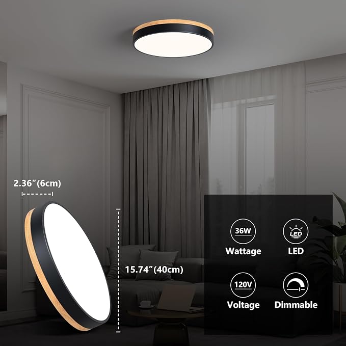 WOKNOS Modern Dimmable LED Close to Ceiling Light Minimalist Wood Oak Flush Mount Ceiling Light Fixture Circle Lighting for Bedroom Living Room Bathroom Laundry Room (Black, 15.7'')
