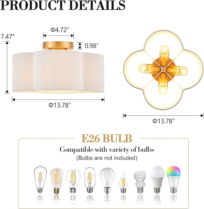 VILUXY Boho Rattan Semi Flush Mount Ceiling Light Fixture, 4-Light Gold Ceiling Lighting with Hand Wovan Wicker Shade Costal Drum Close to Ceiling Light for Bedroom Hallway Nursery, UL Listed