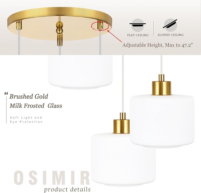 Brushed Gold Dining Room Chandelier Light Fixture, 3-Light Pendant Lighting with Milk Glass, Modern Kitchen Island Cluster Hanging Pendant Lights for Kitchen Dining Room, OS-YQ8153-3BGW
