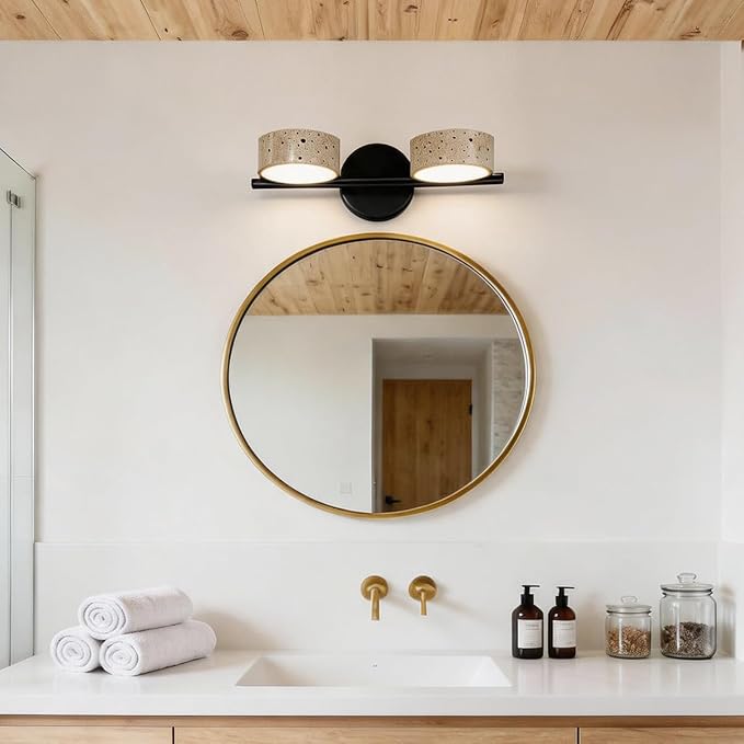 Led Bathroom Lighting Fixtures Over Mirror with 2 Travertine Shades,Vanity Lights Wall Lamp, 180° Rotatable Stone Lampshades Bathroom Lights, Modern Farmhouse Stone Sconces Black
