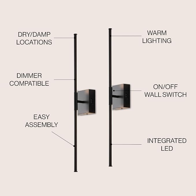 JONATHAN Y Makena 28" 1-Light LED Wall Sconce, Black, Set of 2 | Dimmable, Modern, Integrated 12W, Hardwired, Sleek Metal, Ambient, Bathroom Mirror, Bedroom, Hallway, Vanity Mount