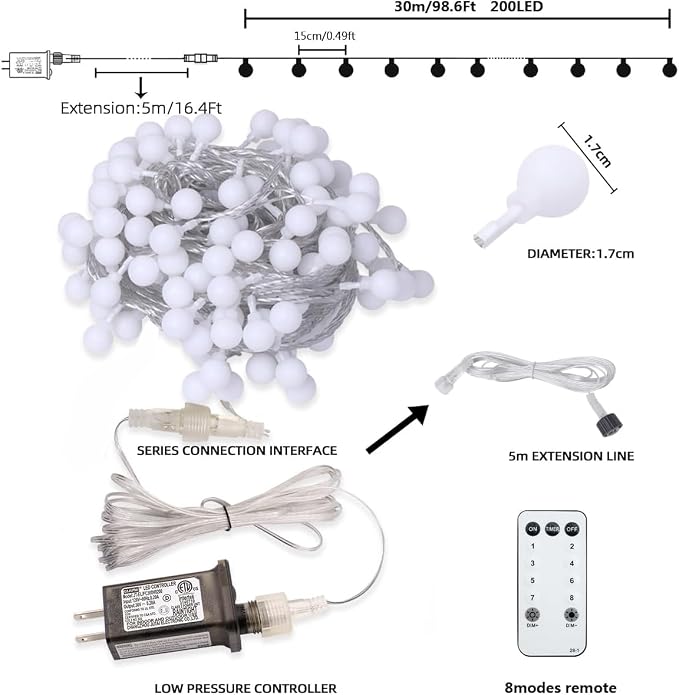 RaThun Globe String Lights Plug in 116 Ft. 200 LED 8 Modes with Remote,Waterproof Fairy String Lights for Indoor Outdoor Bedroom Party Wedding Garden Christmas Tree Decor,Warm White | 200 LED Fairy Lights with Timer, 8 Modes, 16ft Extended Lead, Plug i...