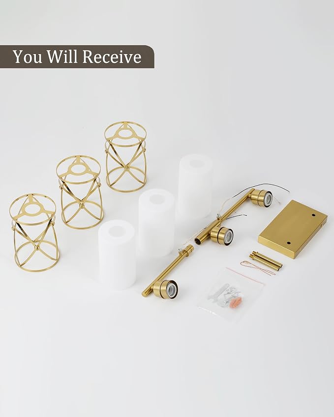 3-Light Brushed Gold Bathroom Light Fixtures with Milk Frosted Glass, 21" Modern Bathroom Vanity Lighting Fixtures Over Mirror with Metal Cage, Wall Sconce Lights for Bath, E26, CH9176BGW-3W
