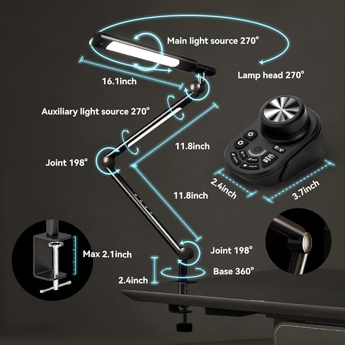 Adjustable LED Desk Lamp Modern Black - Clamp Mount Office Table Light with Desktop Remote Control, Adjustable Brightness & Color Temperature, 5 Lighting Modes for Reading, Computer, DIY