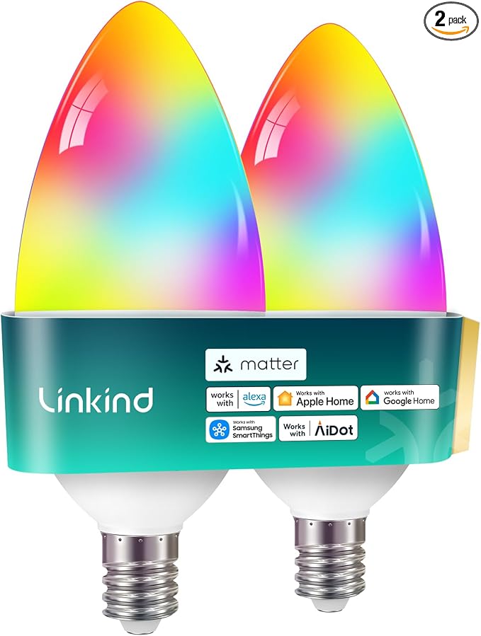 Linkind Matter E12 Led Bulb, Color Changing Smart Light Bulbs, 2 Pack | Works with Alexa/Apple Home/Google Home, Decorative Candelabra Light Bulbs for Chandelier, Tunable White, 2.4G WiFi, 500LM