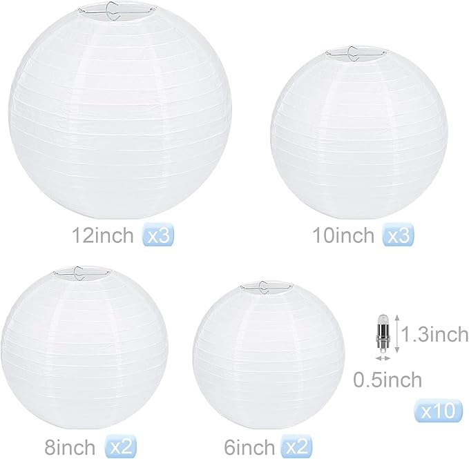 LIHAO 10PCS White Paper Lanterns with Lights, Round Hanging Paper Lanterns Decorative Chinese Lanterns for Wedding Anniversary Birthday Party Home Decor(Size of 6”, 8”, 10”, 12”)