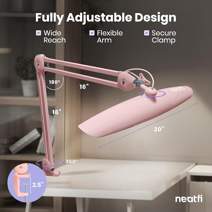 Neatfi XL 2200 Lumens 24W LED Desk Lamp – Shadow-Free Task Lighting | 4-Level Dimming | Home Office & Crafts Use | 20-Inch Wide Head (Rose Gold, Non-CCT with Clamp)