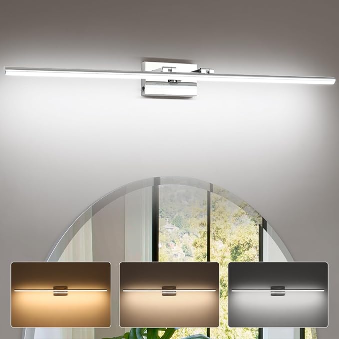 LED Bathroom Vanity Light, Modern Bathroom Light Fixture Over Mirror (3000K/4000K/6000K, Dimmable), Vanity Light Bar with Angle Adjustable, 48 Inch, Chrome