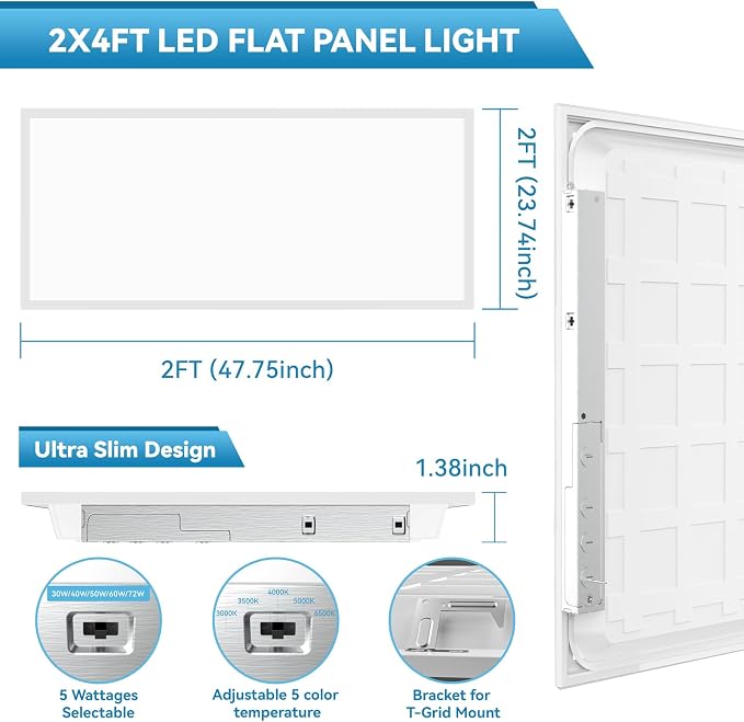 2x4 LED Flat Panel Light Drop Ceiling Office Fixture, 5 CCT 3000K-6500K Adjustable & 5 Wattage Selectable,0-10V Dimmable, 2X4 LED Flush Mount Ceiling Light, ETL Listed 48Pack