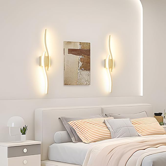 Daunton Modern Gold Wall Light Fixture Set of 2, RC Dimmable LED Wall Light Indoor, LED Wall Decor for Hallway Bedroom Living Room, Hardwired Wall Sconce with Remote Control, 27.56" in, Timer, Memory