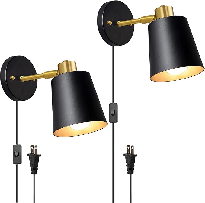 Yollzey Plug in Wall Sconces, Rotatable Angle Black Wall Lamp with Plug in Cord Metal Vintage Industrial Wall Mounted Light Reading Light for Bedroom Bedside Doorway(2 Pack)
