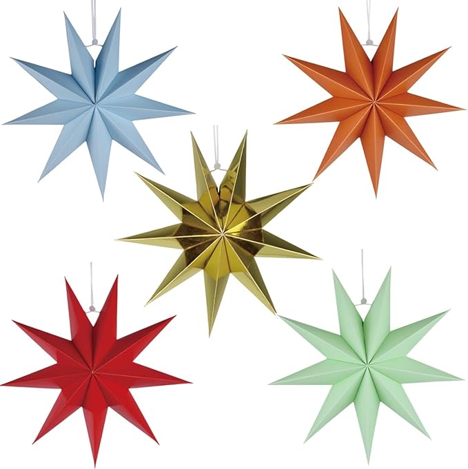 5Pack 9-Pointed Paper Star Lantern 11.8 inch Hanging Paper Lampshade for Winter Wonderland Xmas Day Decoration Wedding Birthday Party Home Decor (Multi-Colored)