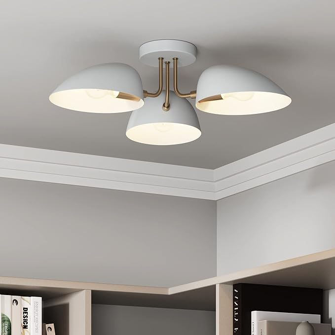 Nathan James Argo Semi Mount Flush Ceiling Light, 3-Lights Modern Retro Lighting with White Rounded Shades for Hallway, Dining Room and Bedroom, Brass Gold/White