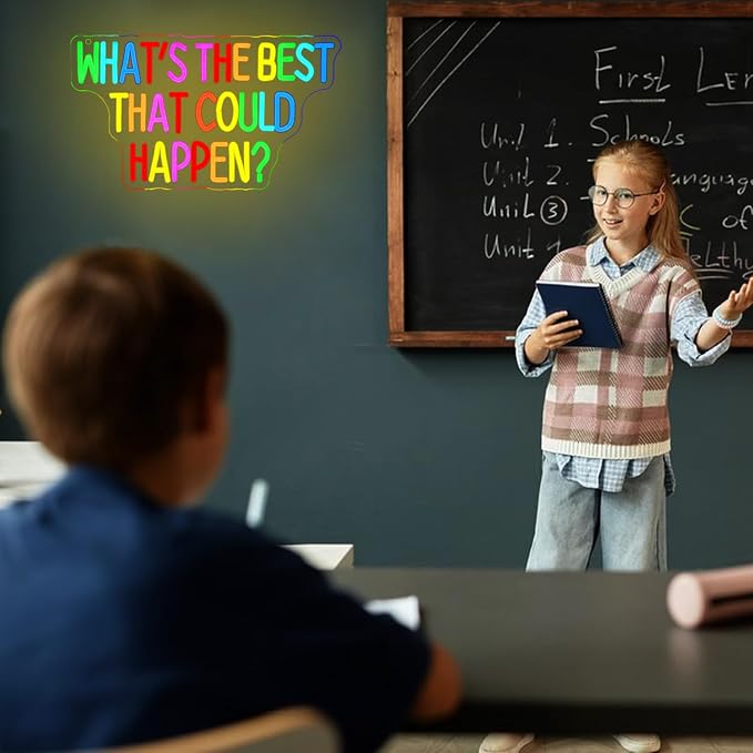 What's The Best That Could Happen Neon Sign for Wall Decor Classroom Neon Light Colorful Letter LED Sign Motivational Quote Neon Light Sign for Classroom Bar Home shop Decoration