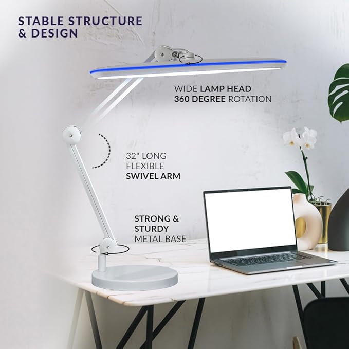 Neatfi XL 24W LED Desk Lamp with Base – 2,200 Lumens | 23” Wide Shade | Dimmable Eye-Caring Task Light | Adjustable Arm | Office, Study, Crafting & Nail Techs (Non-CCT with Base, White)