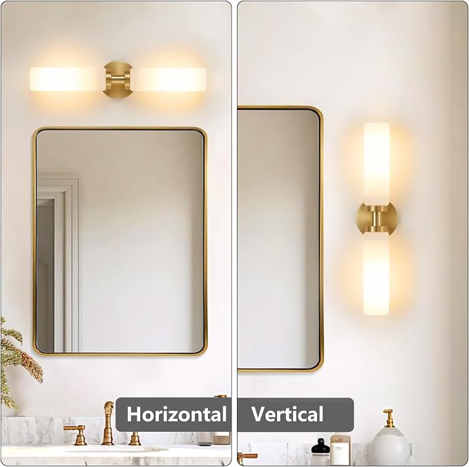 Lanhall 2 Light Brushed Brass Gold Bathroom Light Fixture Over Mirror, Modern Farmhouse Bathroom Vanity Lights with Milky White Frosted Glass Shade, Wall Sconce for Hallway Cabinet Bedroom Porch
