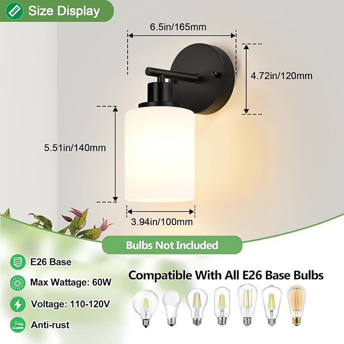 Set of 2 Wall Sconces for Bathroom,Black Modern Vanity Lights with Milky White Frosted Glass Shades,Bathroom Wall Lamp, for Bathroom, for Mirror, Living Room, Kitchen, Hallway, Cabinet, Porch