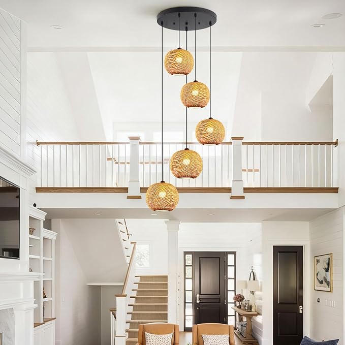 5-Light Staircase Bamboo Light Fixture Basket Weave Pendant Light Shade Boho Large Rattan Chandelier Coastal Wicker Pendant Hanging Lights for Foyer Living Room Farmhouse