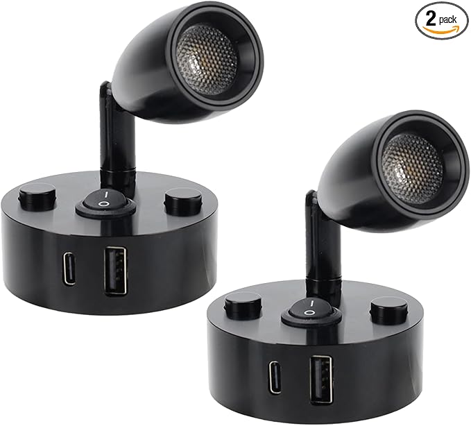 2-PCS RV Reading Lights 12V Interior with USB-A & USB-C Charging Ports, Rotatable Camper LED Light Fixture, RV Bedside Light for Motorhome, Camper, Travel Traile, Boat and Van