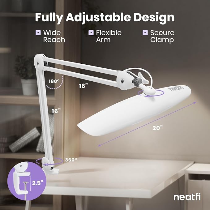 Neatfi XL 2200 Lumens 24W LED Desk Lamp – Shadow-Free Task Lighting | 4-Level Dimming | Home Office & Crafts Use | 20-Inch Wide Head (White, Non-CCT with Clamp)