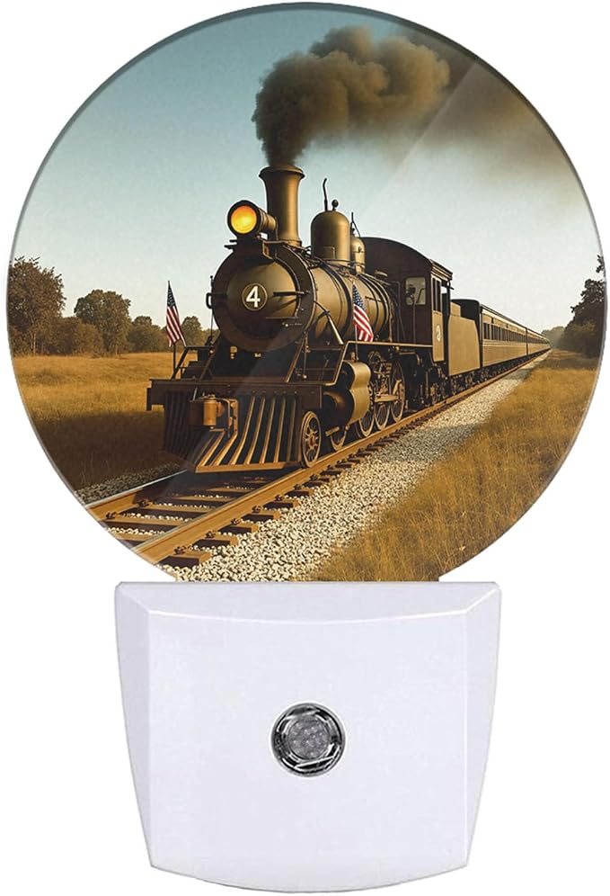 Antique Train LED Night Light Steam Engine Locomotive Train on Railroad Track Plug-in Night Light with Dusk to Dawn Sensor for Bedroom Bathroom Living Room