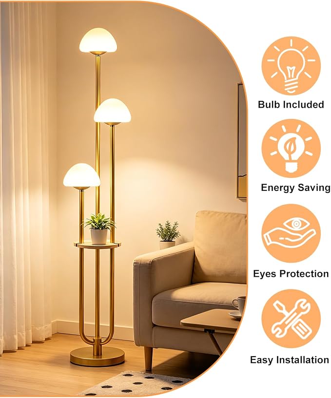 Gold Dimmable Floor Lamp with Table Modern Floor Lamps with 5Lbs Heavy Base for Living Room 3000K Tall Standing Lamp with Mushroom Shades & Bulbs Included for Bedroom/Office//Sofa Beside/Corner Decor