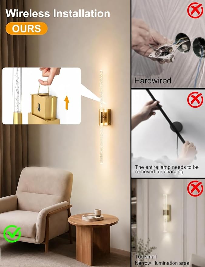 Rechargeable Wall Sconces Set of 2, Gold Crystal Bubble Wireless Wall Light | 10000mAh, Remote Control, 3000K-6000K Dimmable, 360° Adjustable, Ambient Lighting for Living Room, Bedroom, Picture, Bathroom