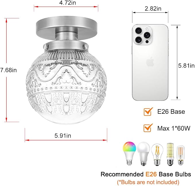 Daunton Semi Flush Mount Ceiling Light Fixtures, Vintage Globe Glass Ceiling Light Fixture, Antique Small Brushed Nickel Hallway Light Fixtures for Bedroom, Closet, Entryway, Bathroom, Kitchen