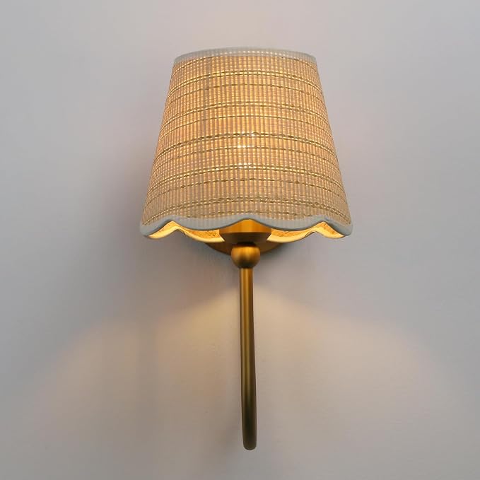 Hardwired Set of 2 Wall Sconces Boho Rattan Lampshade, Vintage Curved Arm Bathroom Vanity Lights, Indoor Wall Decor Lamp for Living Room, Bedroom, Foyer