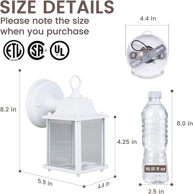 Outdoor Light Fixture, Classic Die-Cast Aluminum & Tempered Glass Porch Light for House, E26 Base (60W Max) Waterproof Wall Lantern for Front Door Garage Garden, ETL Qualified, White, 1 Pack