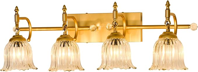 CVKASH 4-Light Bathroom Vanity Light Fixtures Over Mirror,Brushed Gold Modern Vanity Lights with Glass Shade Vintage Wall Sconce for Bedroom Dressing Room Living Room Hallway Cabinet
