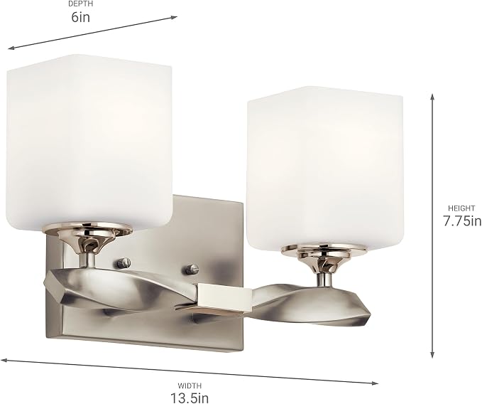 Kichler Marette 2-Light Bathroom Vanity Light, Brushed Nickel | Modern transitional vanity light with satin etched cased opal glass (13.5" x 7.75" x 13.5"), 55001NI