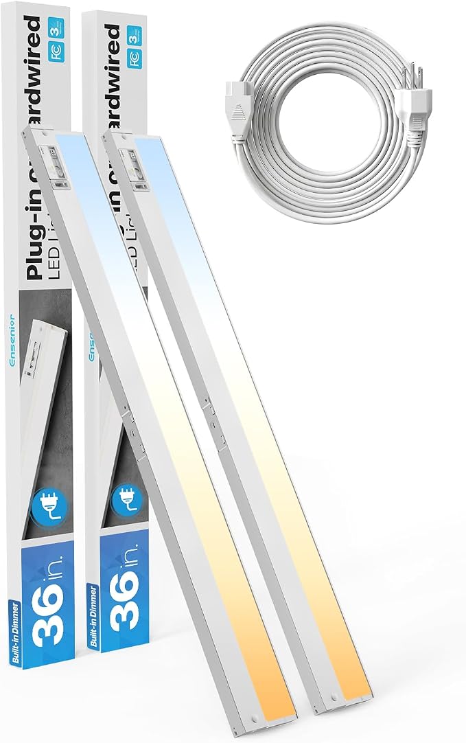Ensenior Plug in or Hardwired Under Cabinet Lighting, 36 Inch 18W, 2 Pack | Heat-dissipating Aluminum, Built-in Switch & 4-Level Dimmer, 5 Colors, 2 Link Options, True-Color CRI90+, Moisture-Proof, FCC