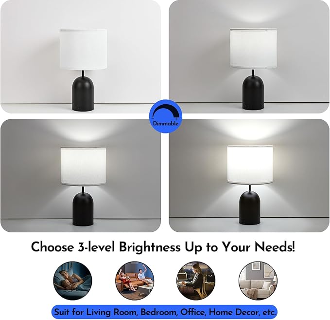 Bedroom Table Lamps Touch Control Bedside Lamps Set of 2 Dimmable Lamps for Nightstand Small Modern Table Lamp Black& White Lamps with USB Type C Ports for Living Room End Table Home Office