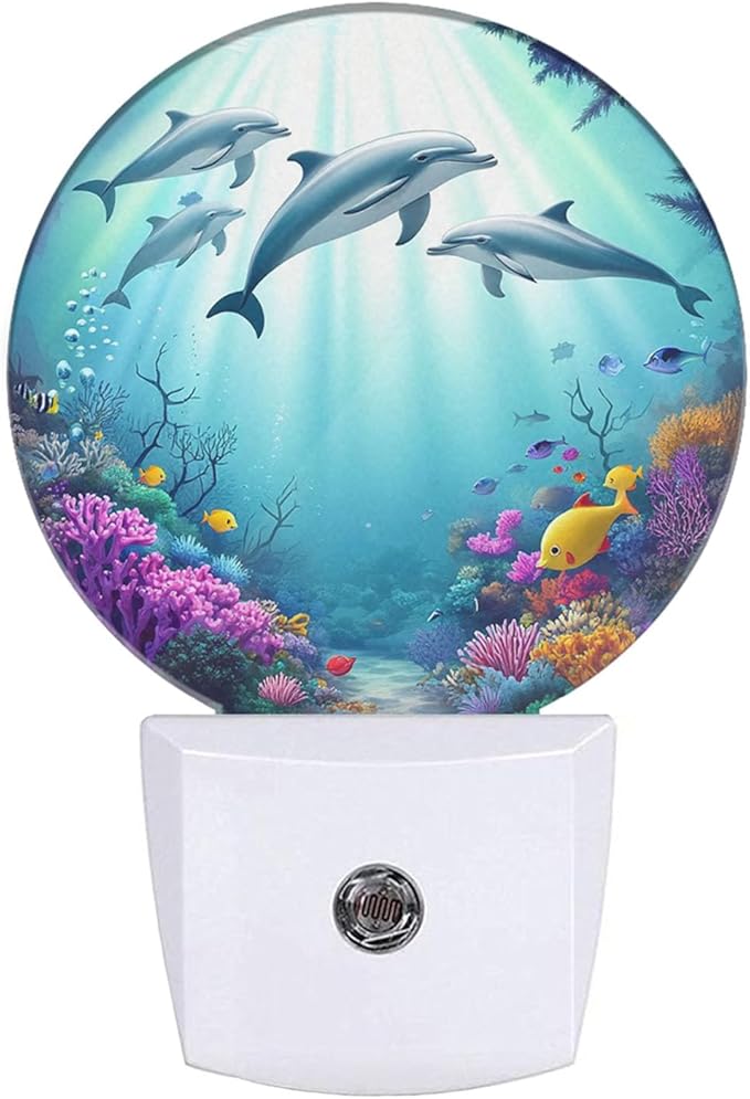 EKOBLA Dolphin Plug-in Nightlights, Blue Coastal Nightlight, Ocean Underwater World Colorful Fishes Coral in The Deep Sea Night Lights Plug into Wall Auto Sensor LED for Home Bathroom