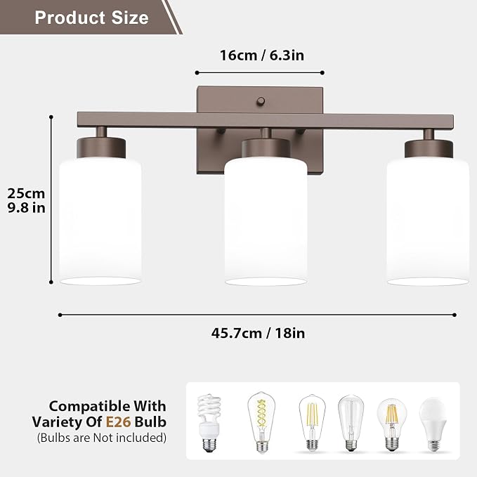 IZORRO Modern Bathroom Light Fixtures, 3 Light Oil-Rubbed Bronze Vanity Lights, Bathroom Lighting Fixtures Over Mirror with White Glass for Living Room Cabinet Bedroom