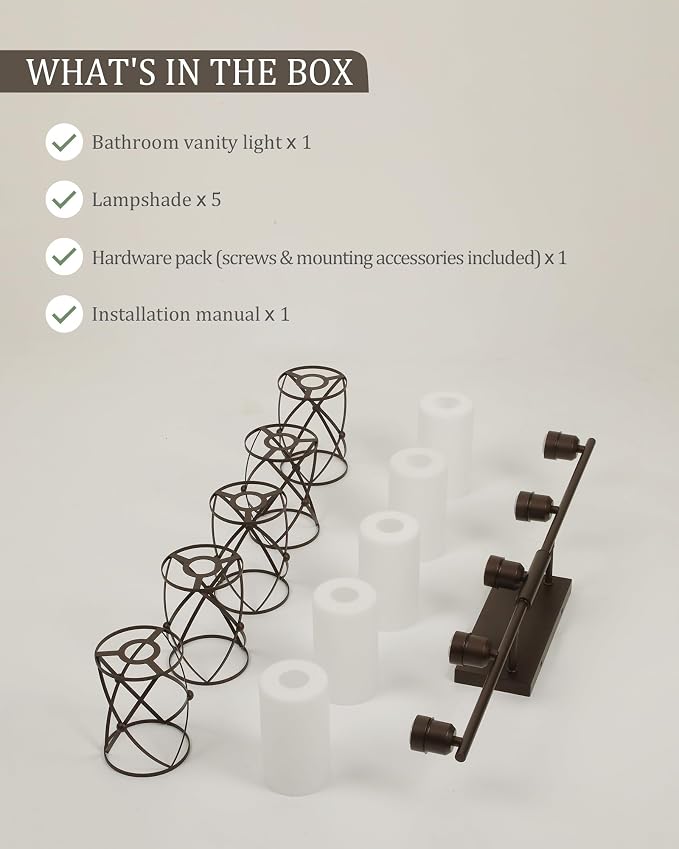 5-Light Oil Rubbed Bronze Bathroom Light Fixtures Over Mirror, 38" UL-Listed Modern Farmhouse Wall Sconce Lights with Milk White Frosted Glass and Metal Cage for Bath, E26, CH9176ORBW-5W