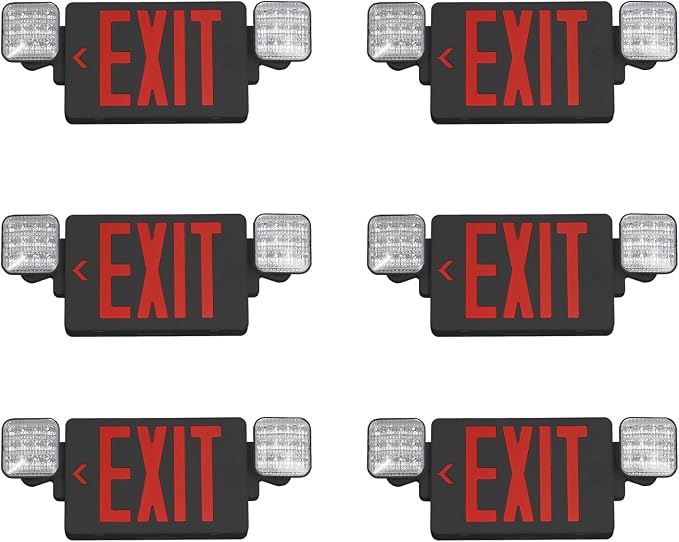 Black Red LED Exit Sign Emergency Light Combo, UL Listed Battery Backup | UL-listed commercial fire exit sign features 90-min battery backup, 360° rotating dual heads, and easy dual-mount setup.