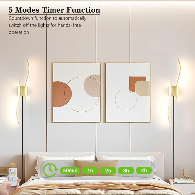 Daunton Modern Plug in Wall Sconce Set of 2, Gold Dimmable LED Wall Light with Remote Control, 3CCT Adjustable & Memory Function, Timer, Plug in Cord Wall Lamp for TV Wall Living Room Hallway Bedroom