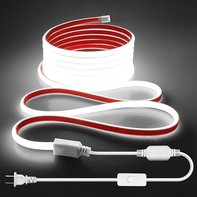 Aclorol 120V Outdoor Waterproof COB LED Strip 16.4FT Cold White 6000K Super Bright 288LEDs/M with ON-Off Swtich Control Flexible and Unifrom for Garden Fence Garage Patio Commercial Contour Lighting
