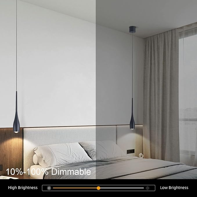 Black Pendant Light for Kitchen Island, LED Dimmable Pendant Light fixtures, Small Modern Industrial Adjustable Cord Hanging Pendant Light for Over Sink, Bar, Dining Room, Bedside