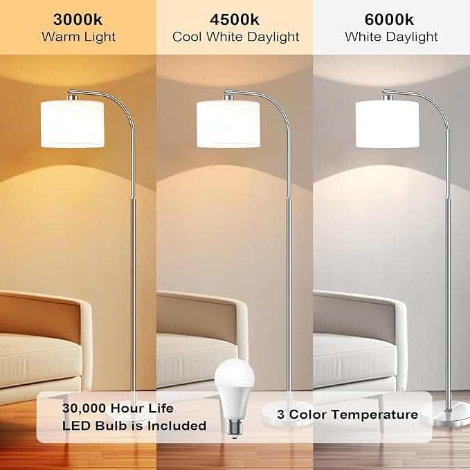 Floor Lamp for Living Room,Modern Standing Lamps with 9W LED Bulb,65'' Silver Tall Floor Light with Fabric Shade,3 Color Temperatures Tall Lamp for Bedroom Office Study Room Corner Dining Room