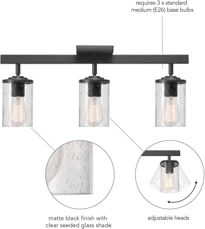 Globe Electric 64000117 24" 3-Light Track Lighting, Matte Black, Seeded Glass, Pivoting Track Heads, Lighting for Kitchen, Bathroom, Bedroom, or Dining Room, Living Room Ceiling Lights, Light Fixture