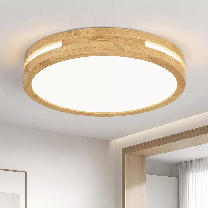 Pevfah Modern Wood Flush Mount Ceiling Light, Round Dimmable Close to Ceiling Lighting Fixtures, Minimalist LED Ceiling Lamp for Bedroom, Kitchen, Hallway, Laundry Room, 2700K-6000K 5CCT, 15.74in