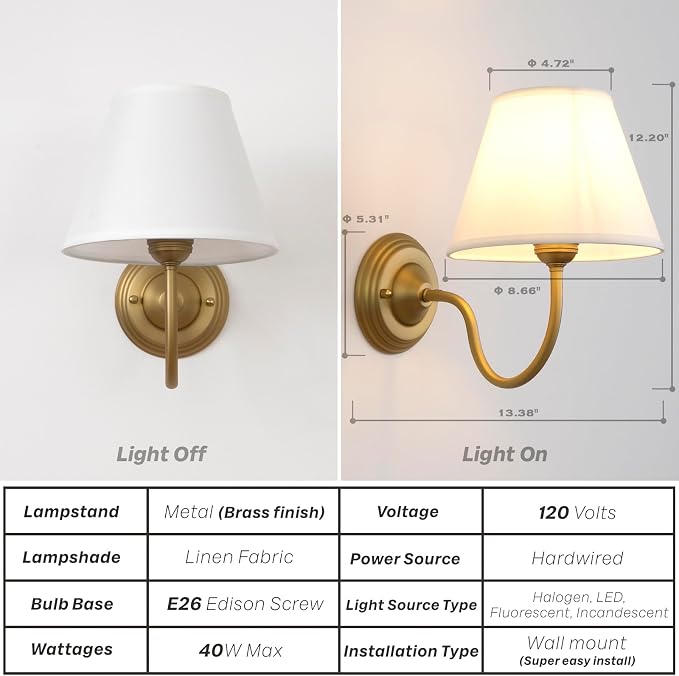 Vintage Curved Arm Fabric Wall Sconce with Linen Cloth Shade, Hardwired Indoor Single Sconce Light Wall Mounted Lamp for Bedroom Living Room Stairs Hallway