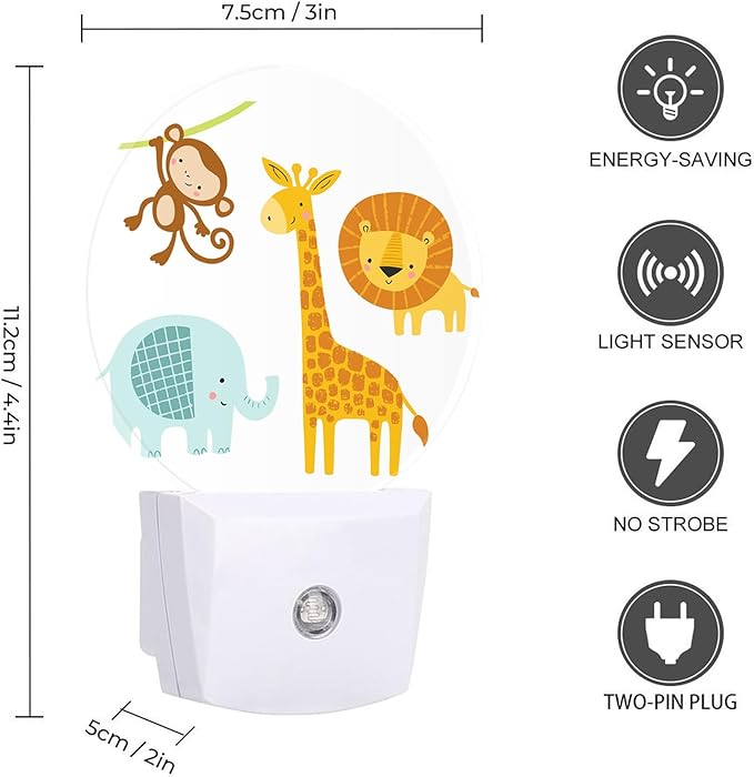 Round LED Night Light,Cute Jungle Animal LED Night Light Plug into Wall with Dusk to Dawn Light Sensor White Energy Efficient Nightlight for Bedroom Bathroom Hallway Living Room Kitchen