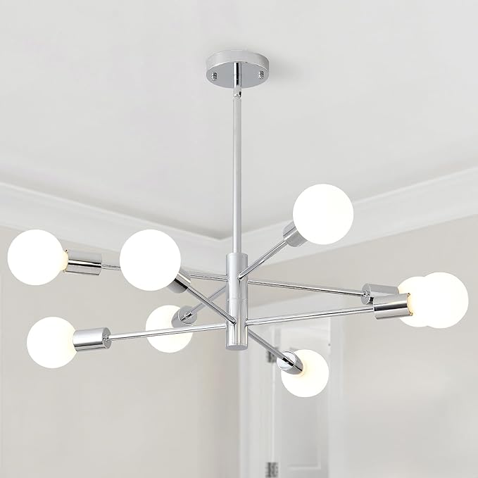 HHR Modern Sputnik Light Fixture, 8-Light Chrome Mid Century Ceiling Chandelier, Height Adjustable Farmhouse Chandeliers for Living Dining Room Kitchen Island Over Table